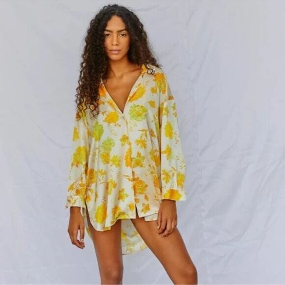 Free People Intimately Silkin' Around Sleep Shirt Yellow Floral, L - Picture 2 of 10